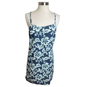Vintage Aeropostale Mini Dress Size 14 Blue Hawaiian Floral Keyhole Front Preppy